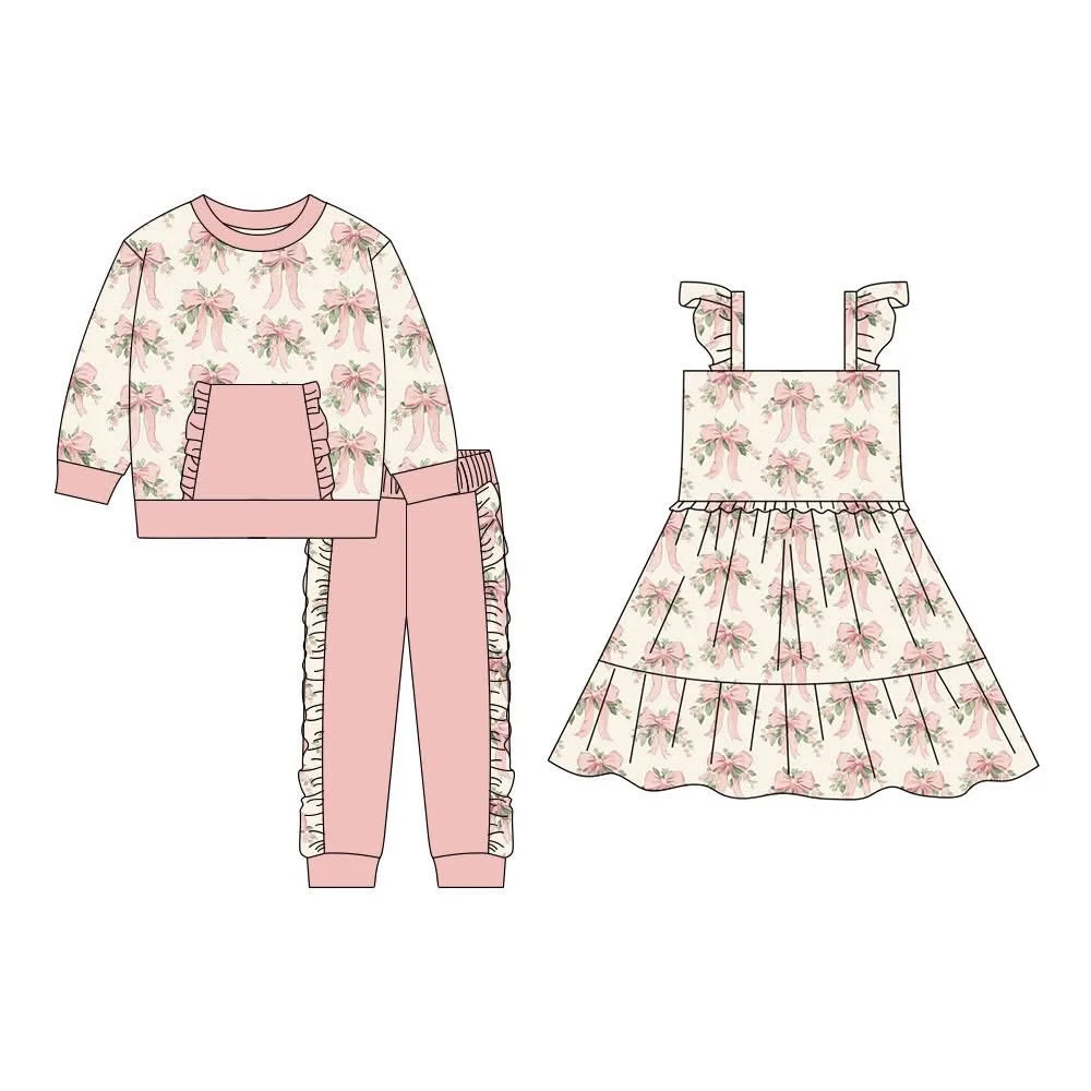 New Toddler Girl Pink Bow Floral Print Outfit Kids Dress Baby Sleepsuit Boutique Casual Girls Set