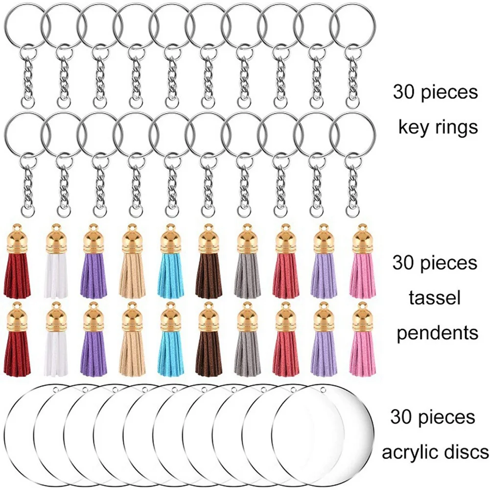 Kit transparent de porte-clés circulaire en acrylique, 120 pièces pour projet en vinyle Cricut, comprenant des blancs de disques en acrylique, Tassels-AT64