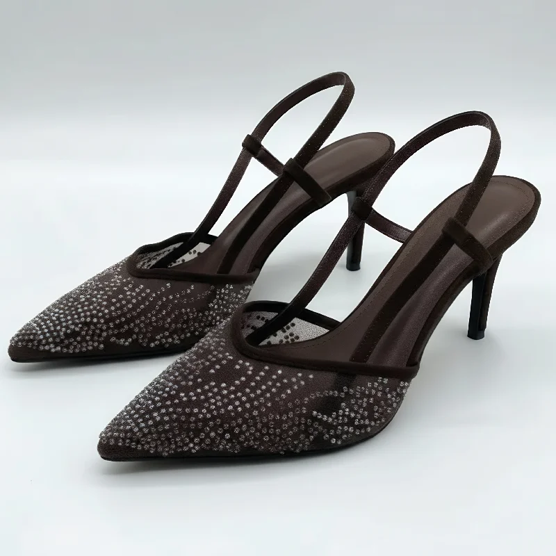 

Роскошные женские модные туфли на высоком каблуке с бисерным декором, коричневые сетчатые босоножки-слингбэки на шпильке, летние элегантные туфли для банкетов и торжеств