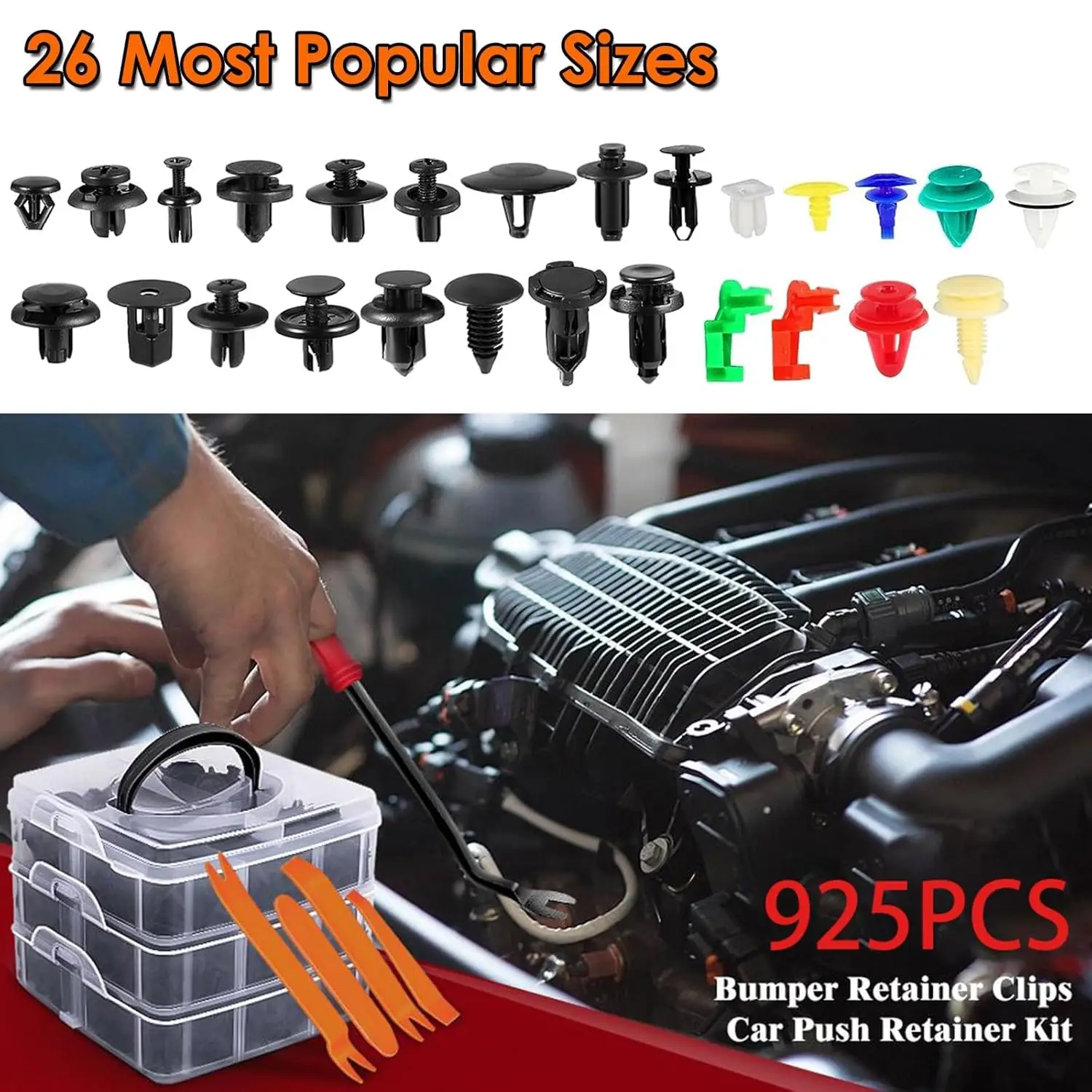 925Car Trim Clips Set with Removal Tools Auto Body Rivets Fasteners Retainer Clips for Bumper Door Fender Car Plastic Rivet Kit