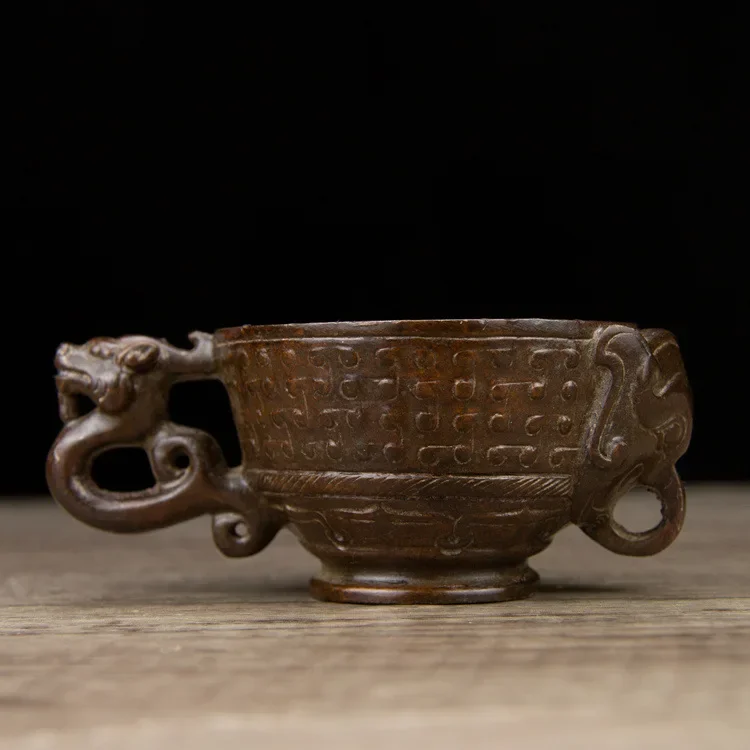 4'' Han Dynasty Bronze Animal Loong Dragon Wine Vessel Goblet Wineglass Cup