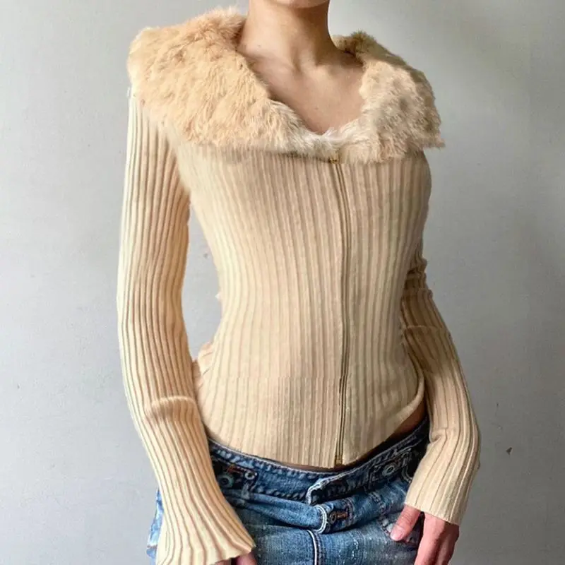 Light Luxury Fur Collar Patchwork Knit Zipper Atmosphere Feel Temperament Spice Girl Cardigan