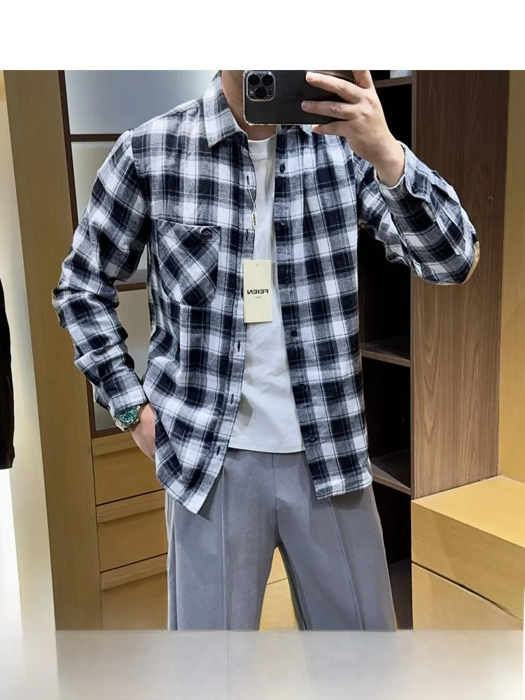 

Line! Autumn 2023 Plaid Long Sve Busin Casual Commute irt! Stand Fit! Commute Ready! Flannel Fabric!