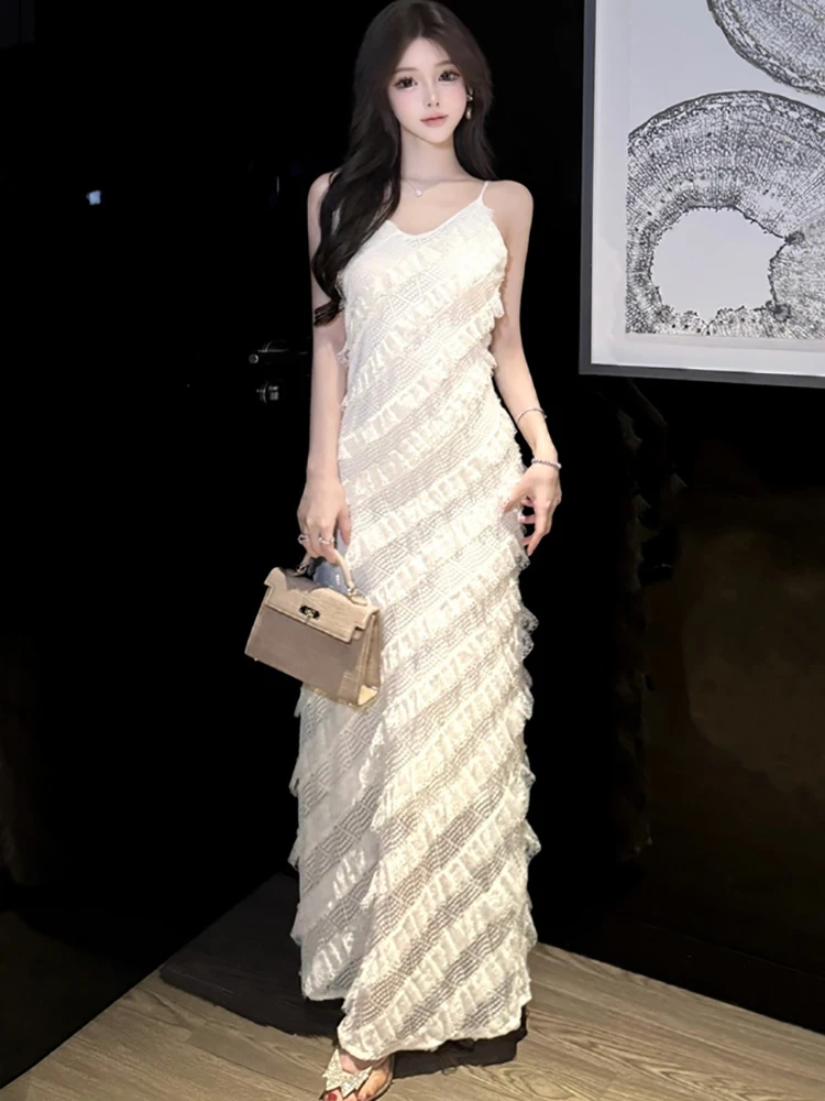 2025 renda branca jacquard chique babados vestido de noite de luxo feminino elegante estilingue sexy vestido longo verão coreano bodycon vestido de festa