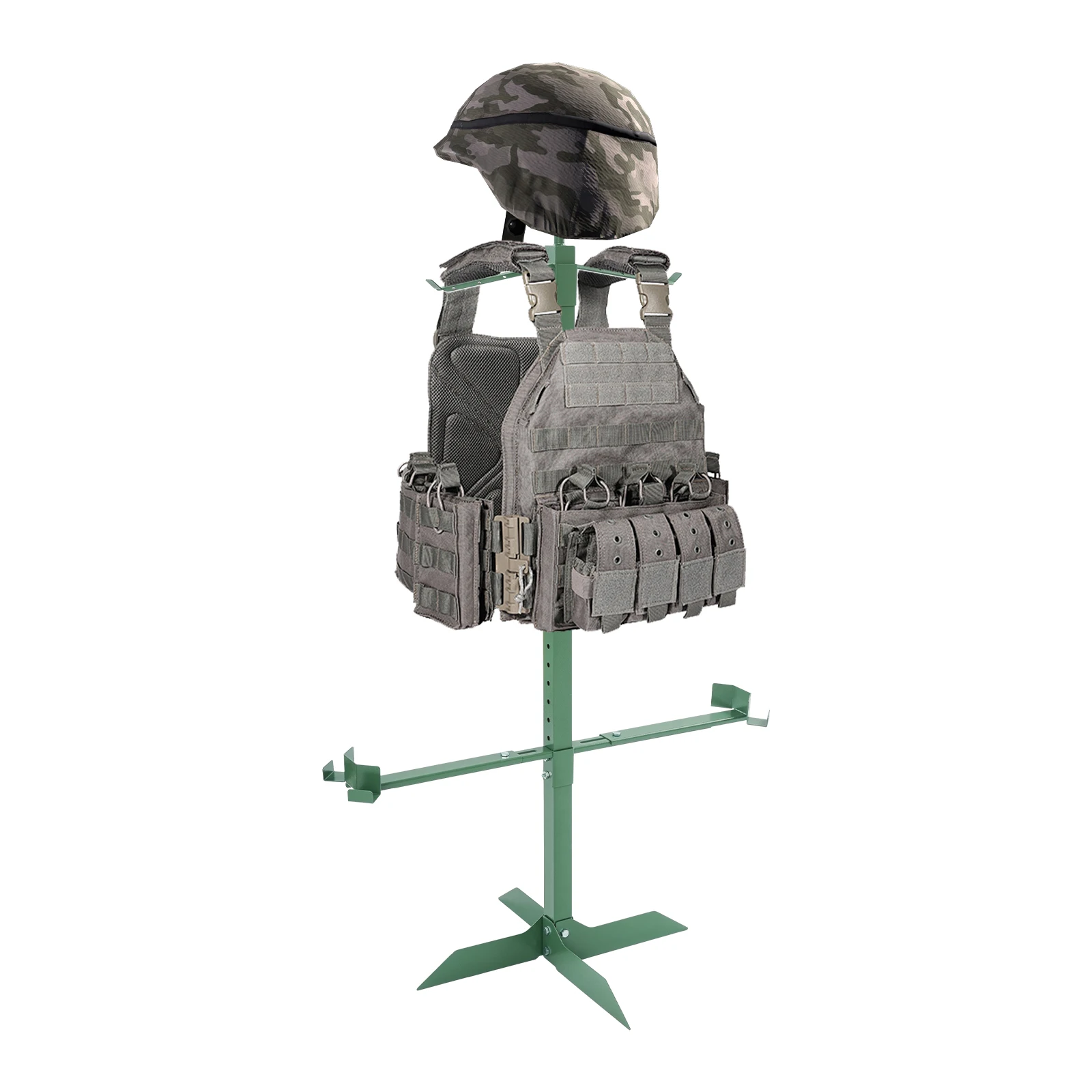 Military Equipment Gear Stand Adjustable Design Heavy Duty Gear Support Stand, Green Versatile Storage Helmet Vest Belt Display Rack