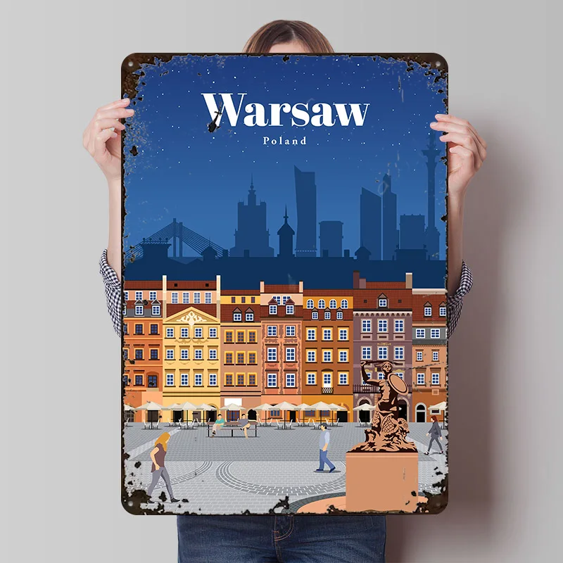 Travel to Warsaw Printing Poster Customized Retro Wall Art Vintage Metal Signs for Mancave Interior Decoration Living Room House