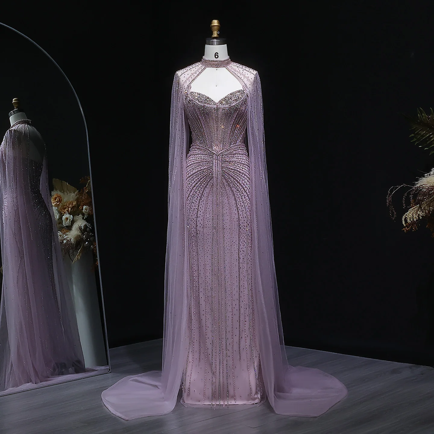 Sharon Said Luxuriöses Weinrotes Abendkleid mit Cape-Ärmeln, Lang, Rosa, für Damen, Hochzeit, Party, Ballkleider, Arabisch, SS156, Maßanfertigung – Detail 11
