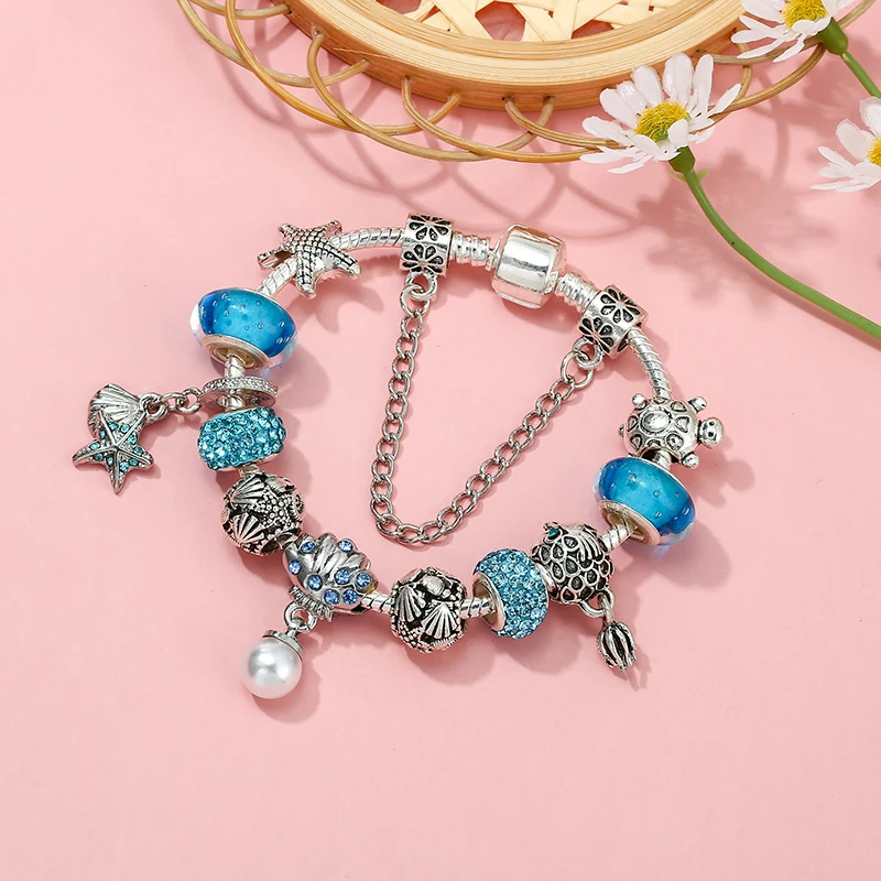 Braccialetti con ciondolo a forma di pesce conchiglia stile estivo con bracciale con perline di tartaruga Color argento per donna uomo ragazza
