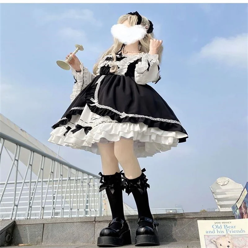 Vintage Maid Gothic Lolita Anime Dress Black And White Teenager Girl Clothes Kawaii Sweet Women Waiter Cosplay Costume Party