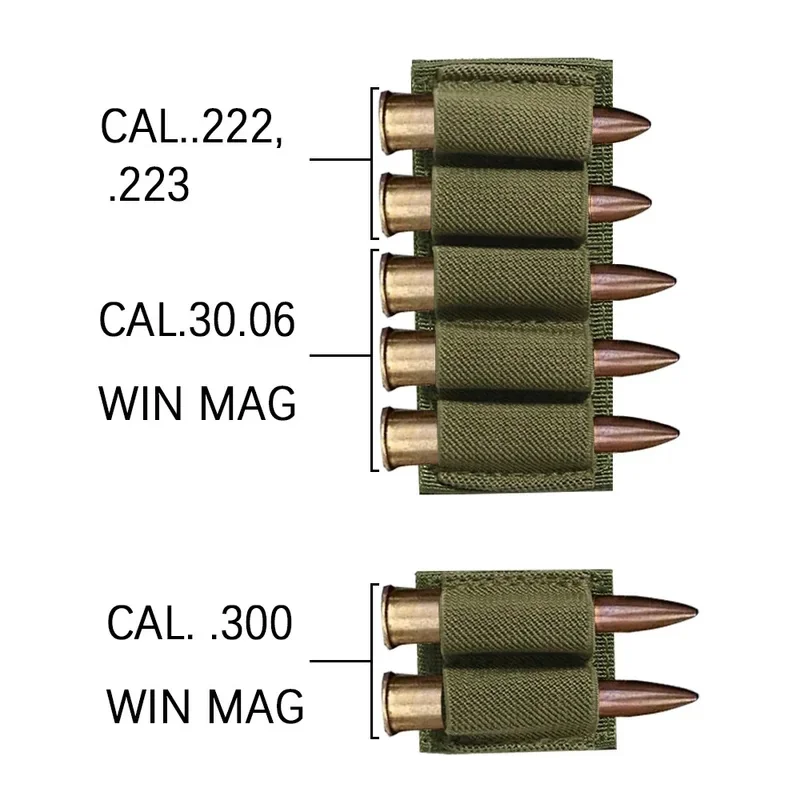 2/5 Round Rifle Cartridge Holder Hook and Loop Elastic Ammo Carrier for .223 .30-06 .300 Win Mag Hunting Gear