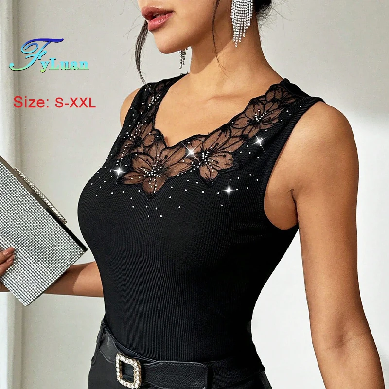 الصيف الأسود المرأة فيستدوس الدانتيل الربط الساخن الراين الديكور الإناث ضيق المناسب أعلى مثير أكمام الحمالة اليومية #4