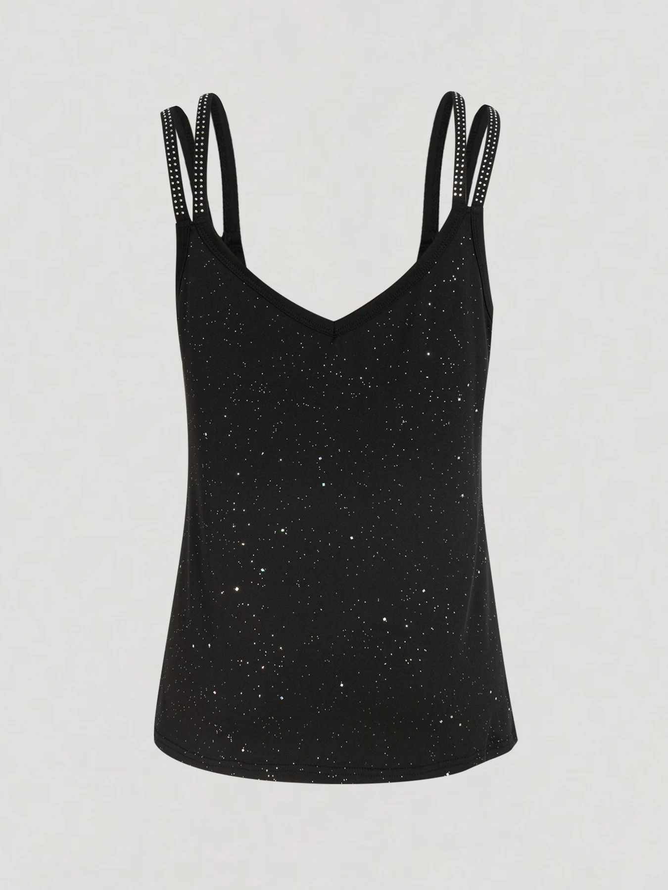 Sexy schwarzes Strass-Cami-Top mit V-Ausschnitt, doppelten Trägern und Glitzer, für Nachtclub-Partys, Dates und besondere Anlässe. – Detail 9