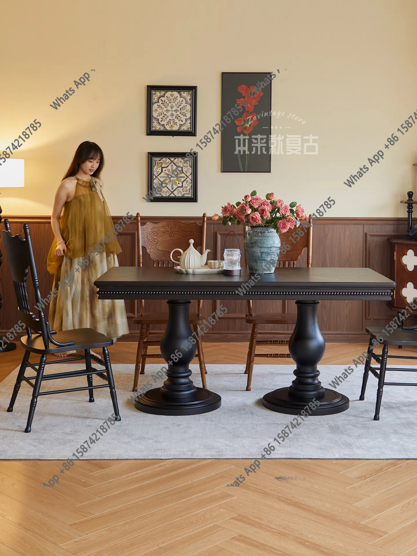 

vintage solid wood rectangular thickened dining table American vintage black dining dining table and chair combination