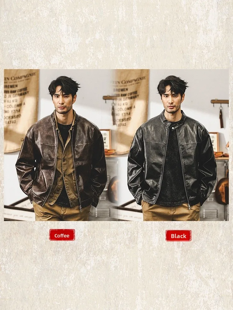 الأمريكية الرجعية الوزن الثقيل دراجة نارية جلدية Jaet الرجال فضفاض الخريف العصرية العلامة التجارية Merald Haome العمل الجلود Jaet الرجال