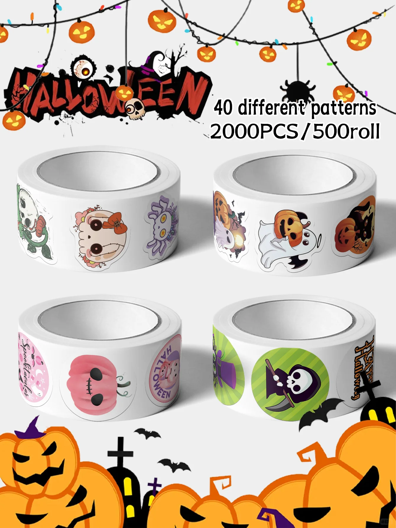 2000pcs Halloween Series Roll-on Stickers Notebook Laptop Scrapbook Candy Box Holiday Decorations Toys Water Cup DIY Stickers