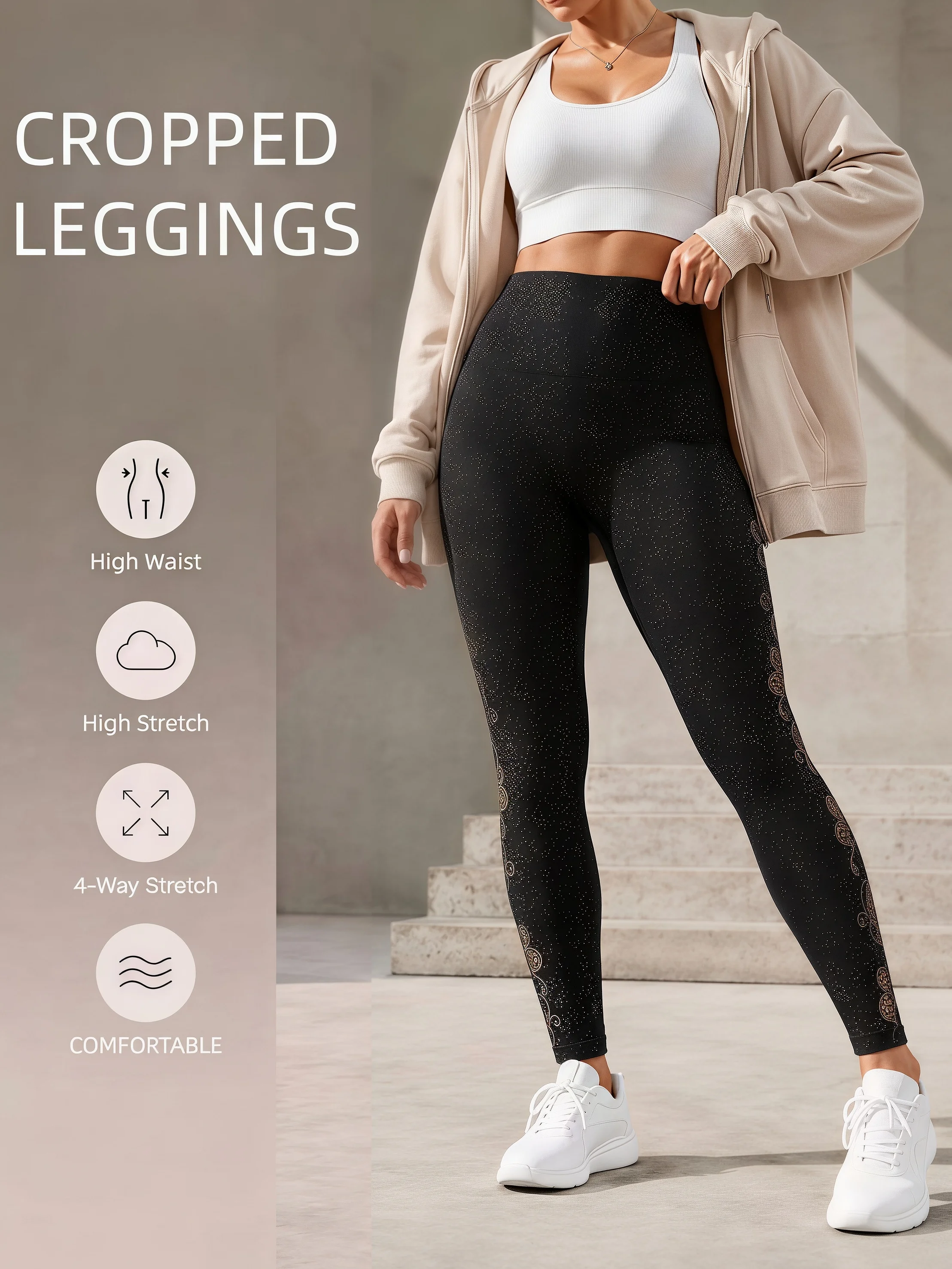 1er-Pack goldene Leggings mit Schmetterlings-Glitzer-Print, hoher Taille, weichem Stretch und modischem Slim-Schnitt für den Alltag – Detail 1