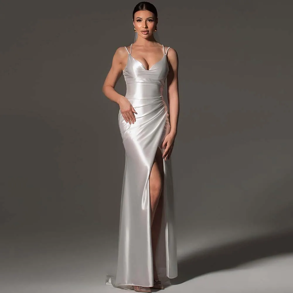 

Sexy Customized Beach V-neck Mermaid Wedding Dress Double Spagetti Straps Open Back Slit On The Skirt With Train Bridal Gown
