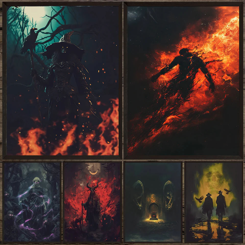 Dark Gothic Fantasy Art Canvas Print, Surreal Horror Witch & Demon Wall Art, Spooky Halloween Gothic Home Decor Poster Unframed