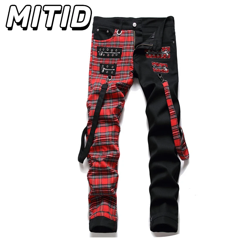 

Новый винтажный стиль Ins Kpop Vibe, мужские джинсы, модные клетчатые джинсовые черные брюки, тонкие брюки в стиле панк, модные уличные брюки