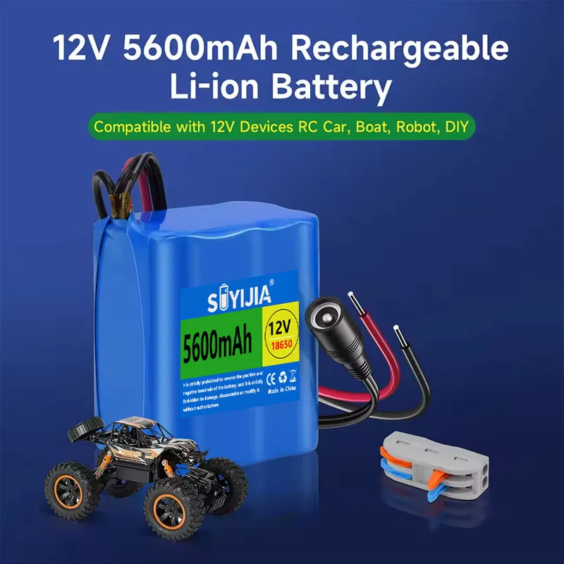 Batterie Lithium-ion Rechargeable 12V  5600mAh, Batterie Portable Pour Appareils 12V, Voiture RC, Bateau, Robot, DlY + Chargeur