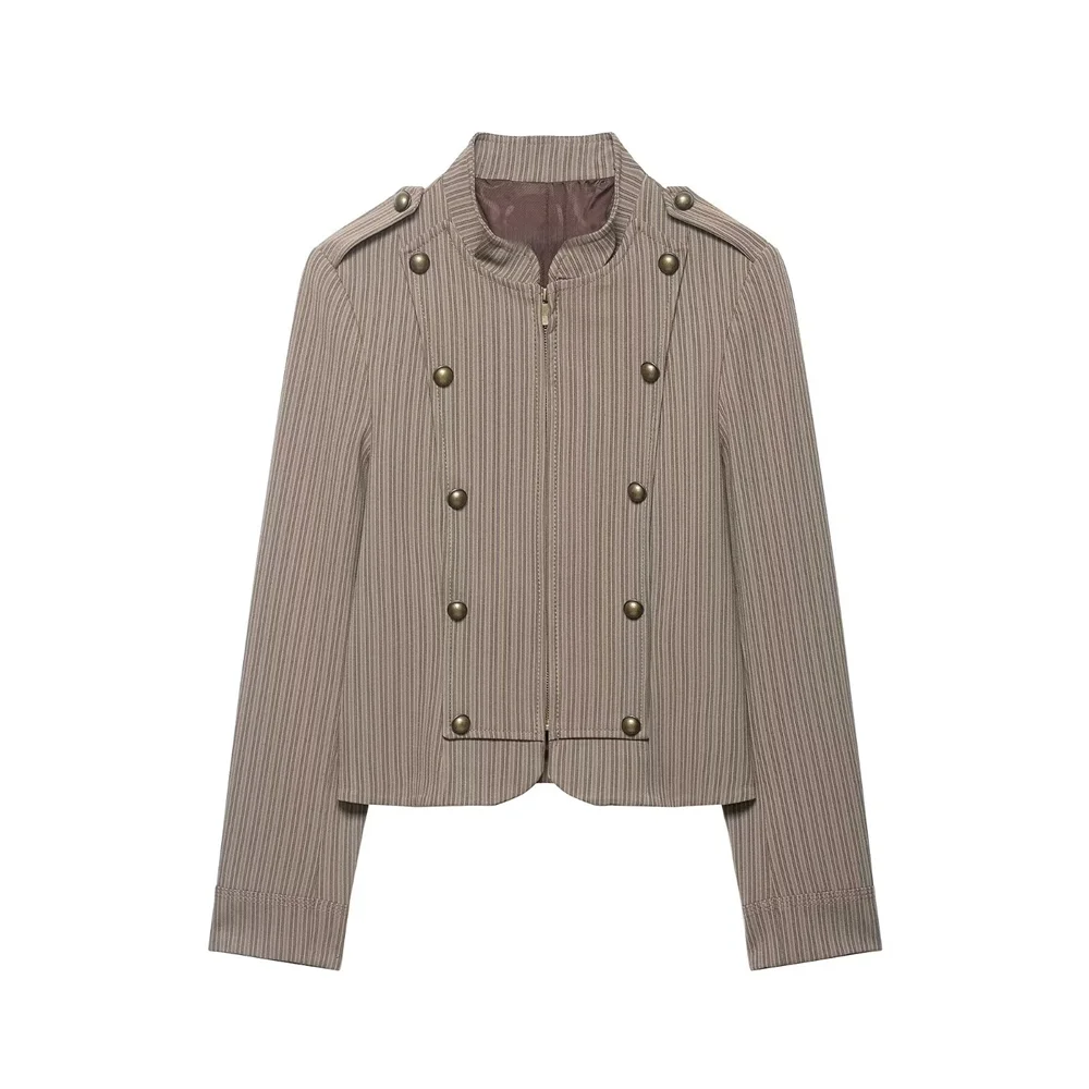 

2026 new women's clothing metal button decoration long sleeved round neck striped slim fit suit jacket