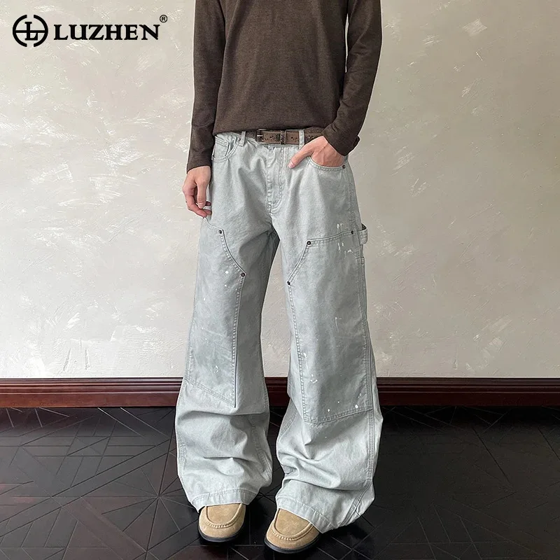 

LUZHEN Paint Printed Patchwork Design Loose Wide Leg Denim Pants Men's 2025 New High Quality Handsome Straight Male Jeans JY3629