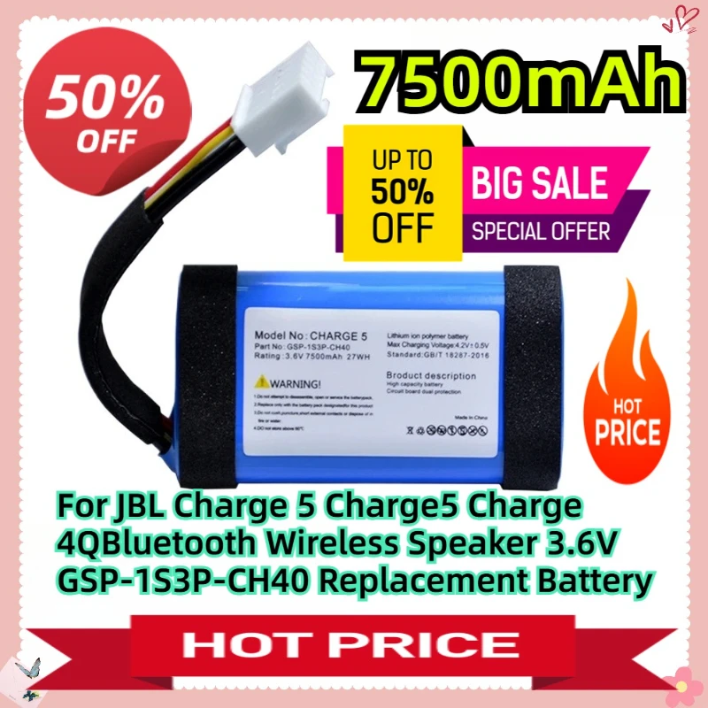 

For JBL Charge 5 Charge5 Charge 4QBluetooth Wireless Speaker 3.6V 7500mAh GSP-1S3P-CH40 Replacement Battery