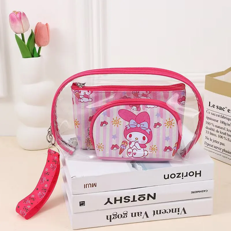 Borsa per il trucco Kawaii Hello Kitty Cartoon Versatile Pu Set da tre pezzi Palmare portatile Accessori da donna Commercio all'ingrosso di stoccaggio da viaggio