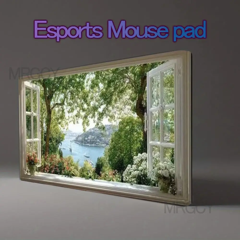 Open Window Illusion View TCG Playmat Seaside Bay Scenery Lush Garden Flowers Trees 3D Visual Trick Art Non‑Slip Desk Mat