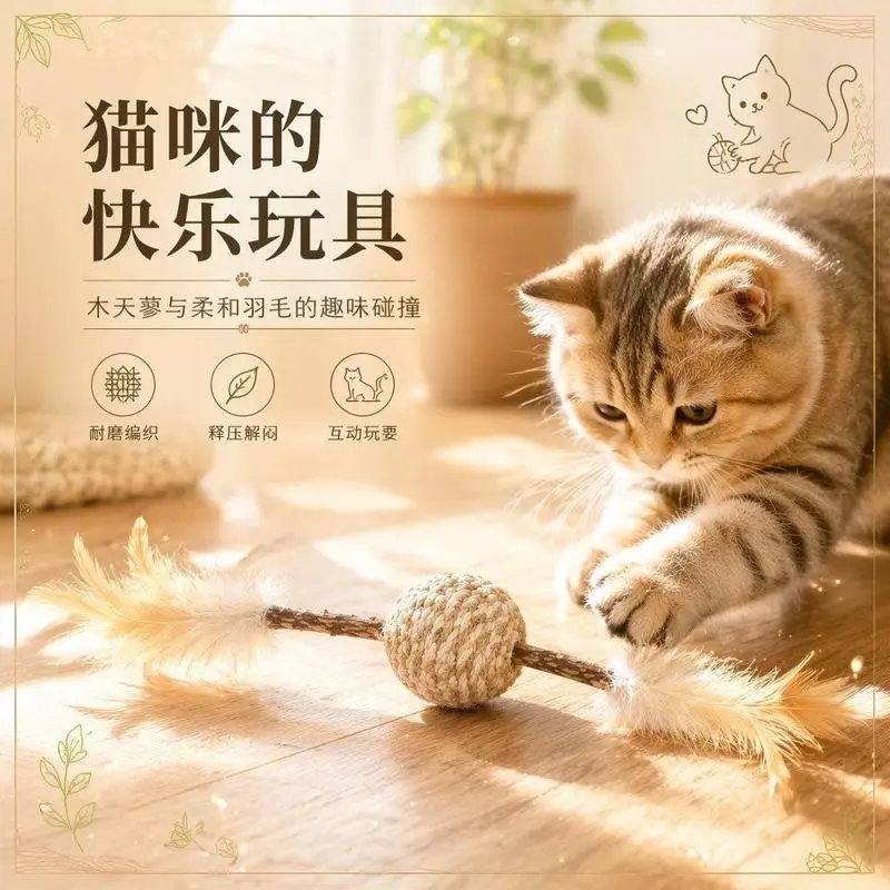 Double-Feathered Cat Toy with Hemp Rope Ball, sandstone Bell, and Scratching Stick for Pet Cats to Chew and Entertain Themselves