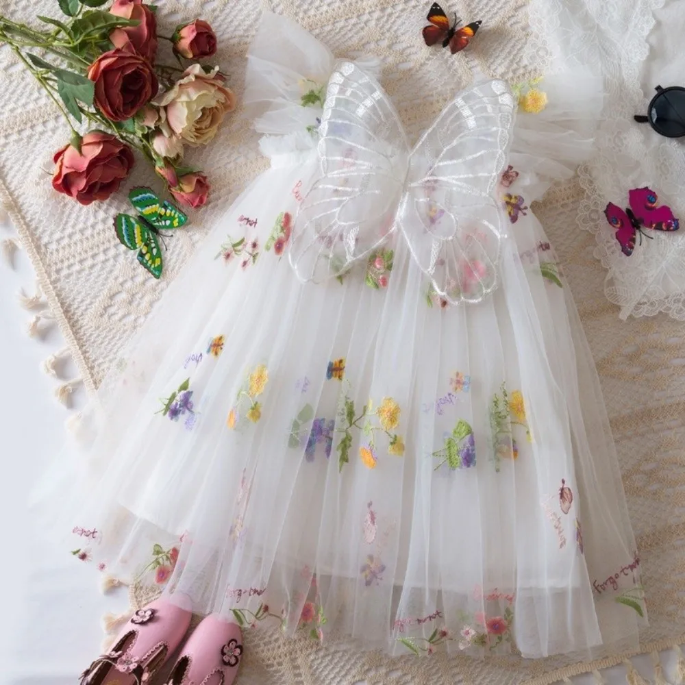 Polyester Girl Tulle Dress Butterfly Wing Sleeveless Princess Party Dress Snap Closure Floral Embroidered Dress Summer Wear