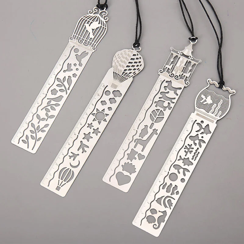 4 Pcs Metal Bookmark Ruler with 2 Pack Random Sticky Notes, Hollow Out Stainless Steel Drawing Ruler Painting Stencils Scale Tem