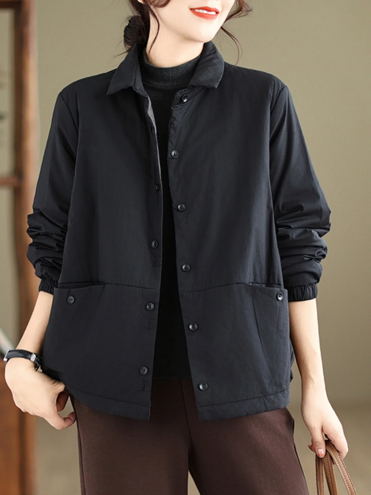 Thiened Cotton irt Sle レディース Jaet 暖かいレトロシングルボタンコットン衣類アウターウェアピュアカラー通勤 Sle