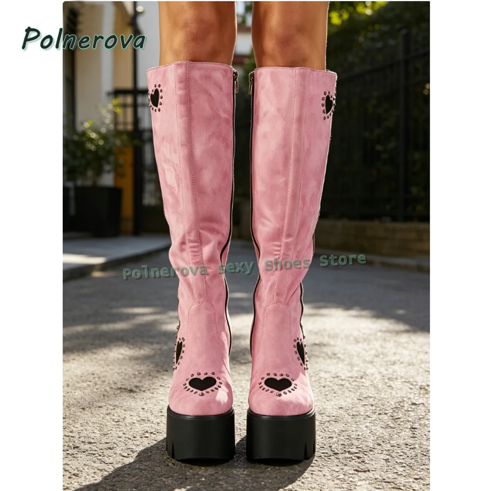 Women's Pink Heart Studded Platform Knee High Boots Chunky Heel Gothic Boots for Y2K Rave Festival Alternative Streetwear 2026