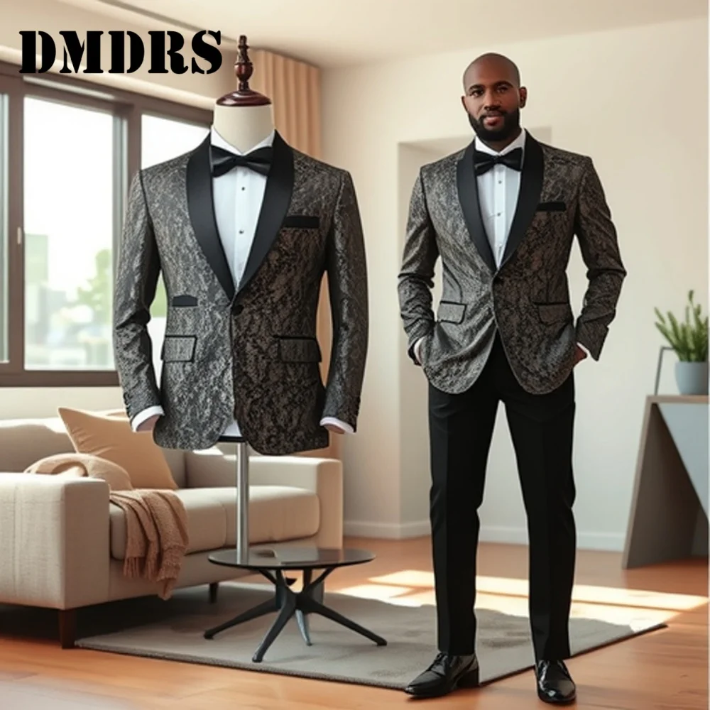 2026 Grooms 2PCS Black Jacquard Suit Set Elegant Formal Wedding Party Outfit Featuring Intricate Patterns Satin Accents