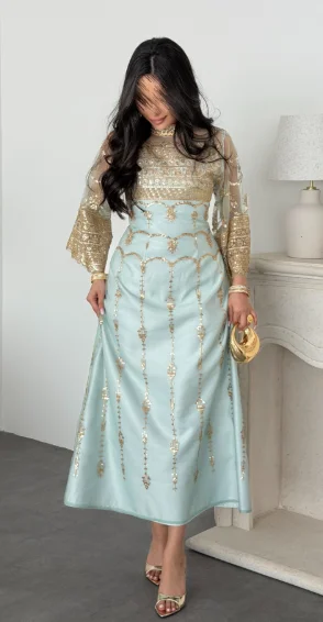 Custom High Neck A‑Line Party Gowns Bell Flare Sleeve Gold Beaded Embroidery Tulle Women Evening Prom Dresses