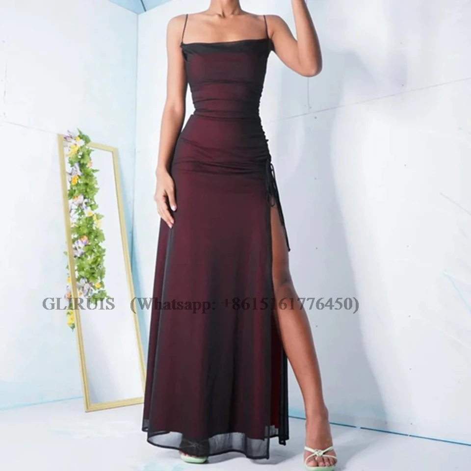 Dark Red Spaghetti Straps Tulle Mermaid Prom Gown High Side Slit Party Floor Length Evening Dresses For Women Customized