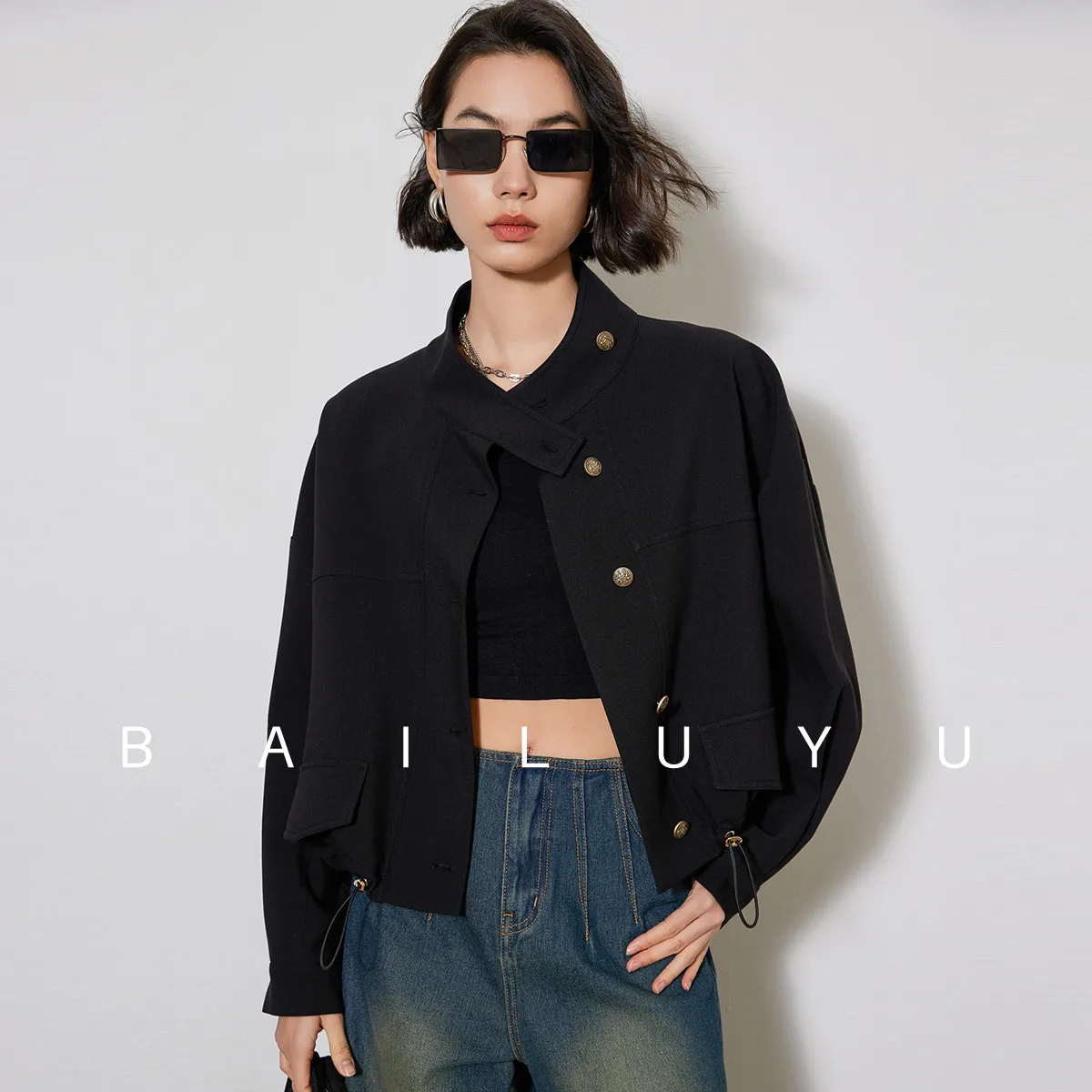 LOUIS YAO Women Jacket 2024 Spring New Stand Neck Long Sleeve Loose Casual Fashionable Safari Style Chic Khaki Black Coat