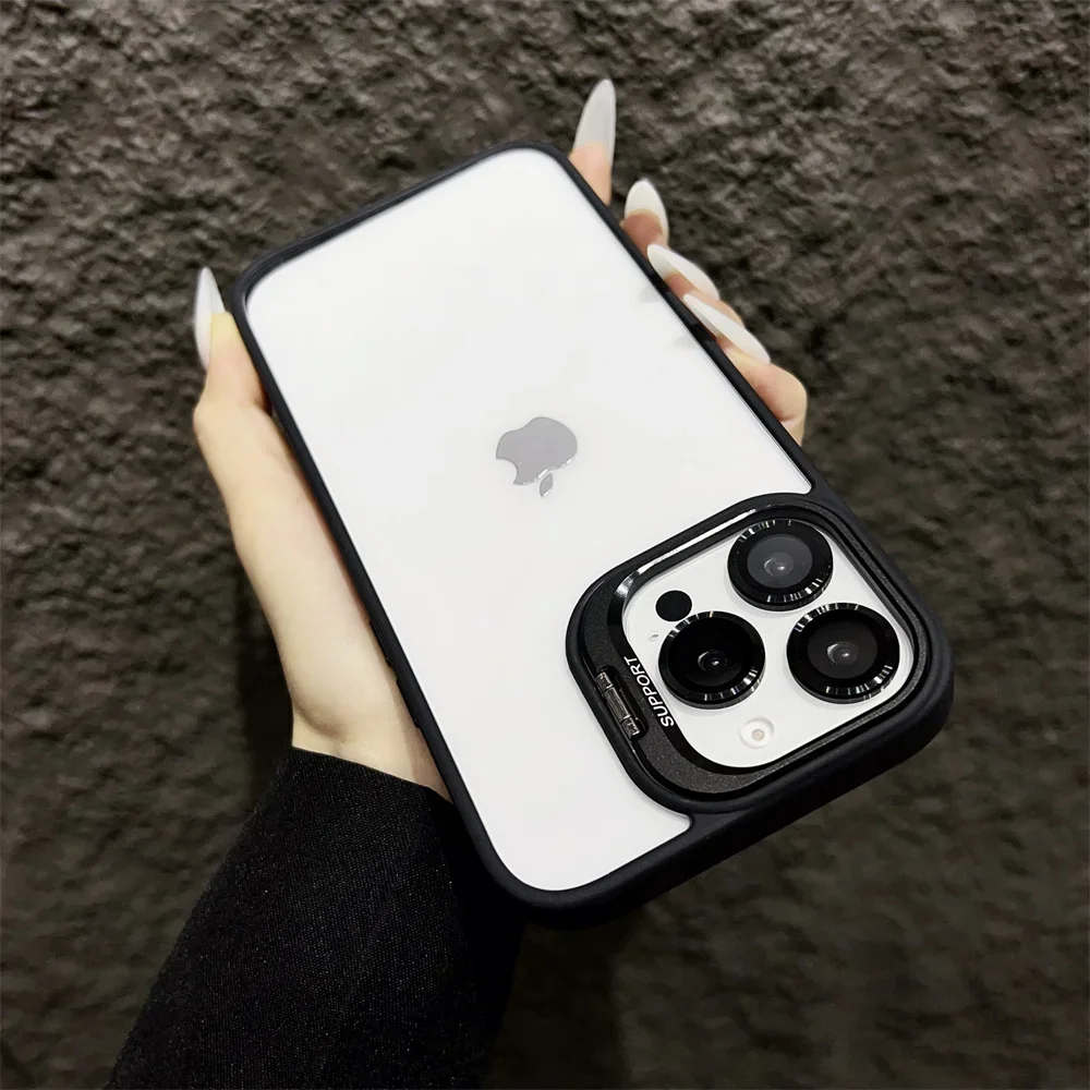 

Transparent Lens Metal Ring Protector Stand Case For iPhone 1615 14 13 12 11 Pro Max Plus Camera Glass Protection Clear Cover