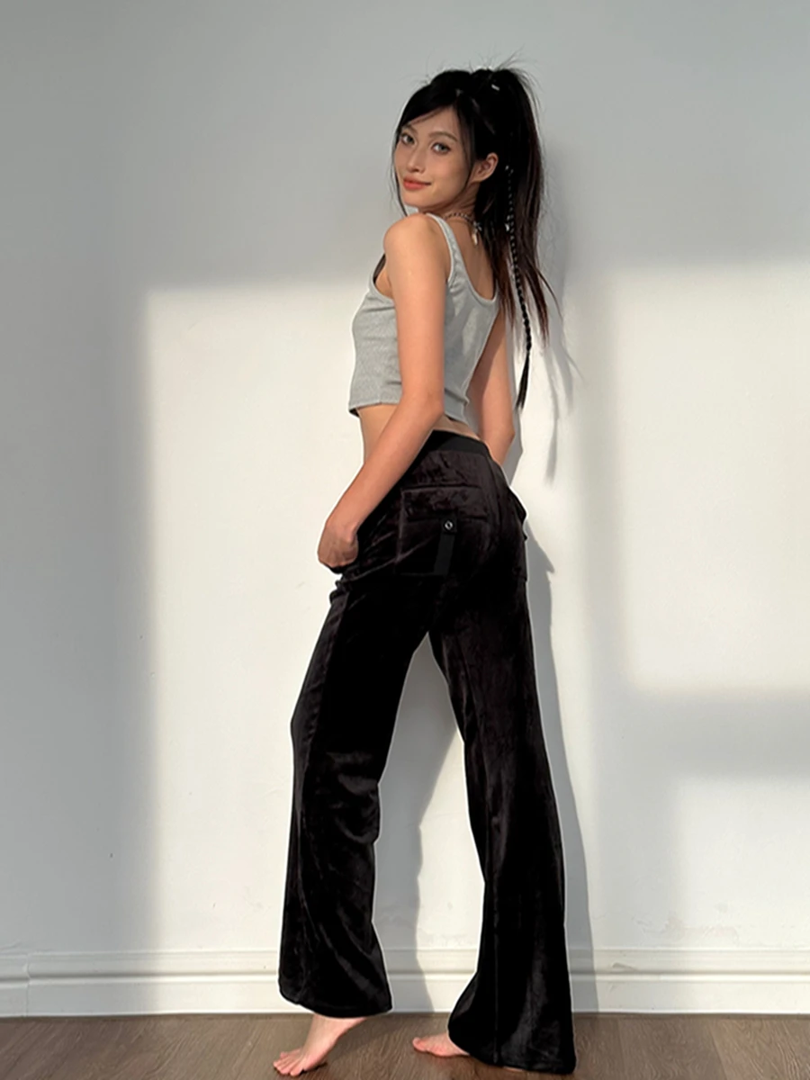 Pantalones largos de terciopelo para mujer, pantalones negros sueltos informales para fiesta en la calle, primavera y otoño