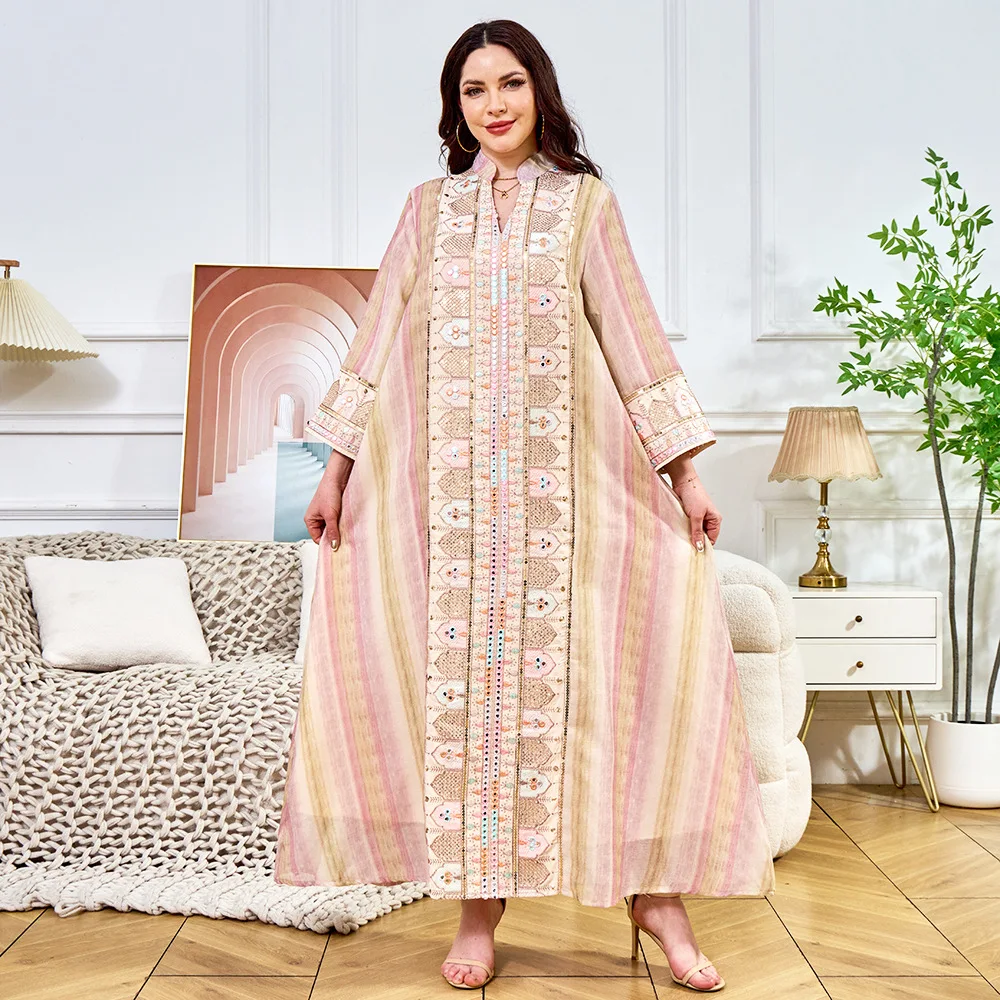 イスラム教徒の女性長袖アバヤドバイトルコスパンコール刺繍パーティーイブニングドレスイスラムファッションファムウェディングローブストライプドレス