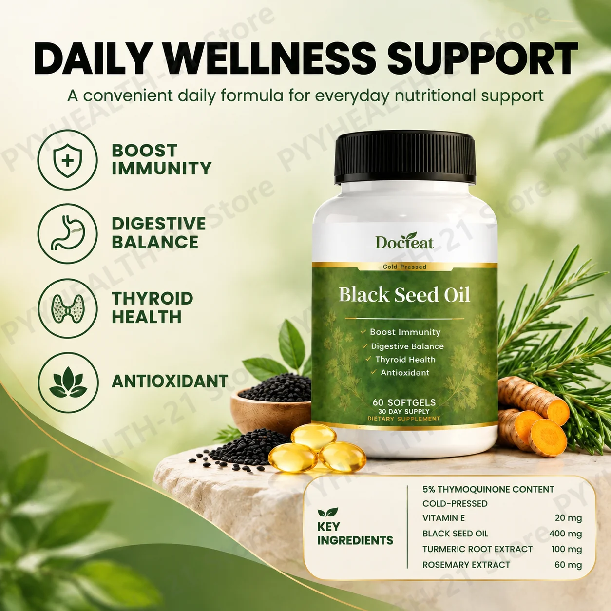 Black Seed Oil Softgels Boost Immunity Digestive Balance Thyroid Health Antioxidant Black Seed Oil 60pcs Vegetarian for Adults