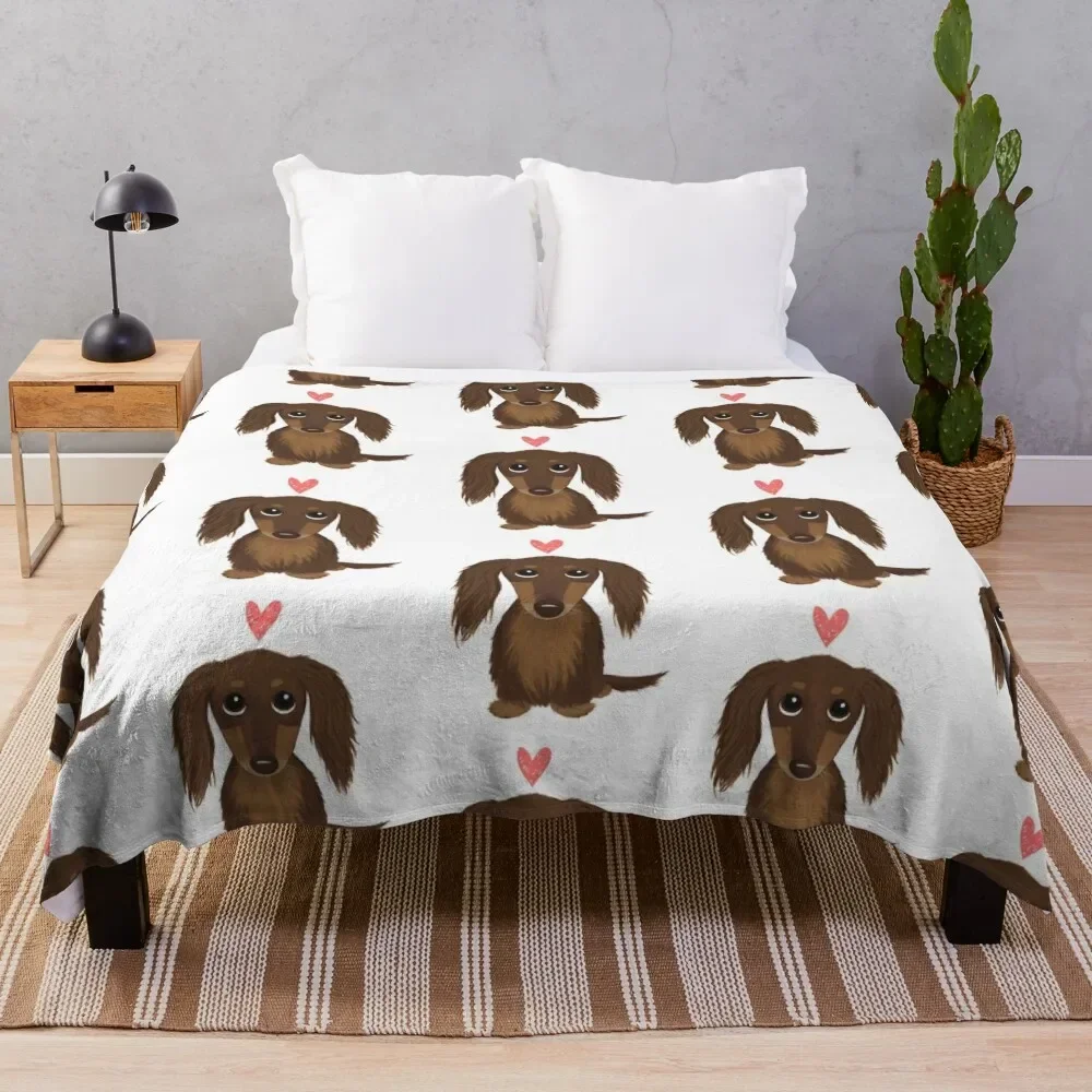 Longhaired Chocolate Dachshund | Cute Wiener Dog with Heart Throw Blanket Decorative Sofas Sofa Soft Beds Blankets