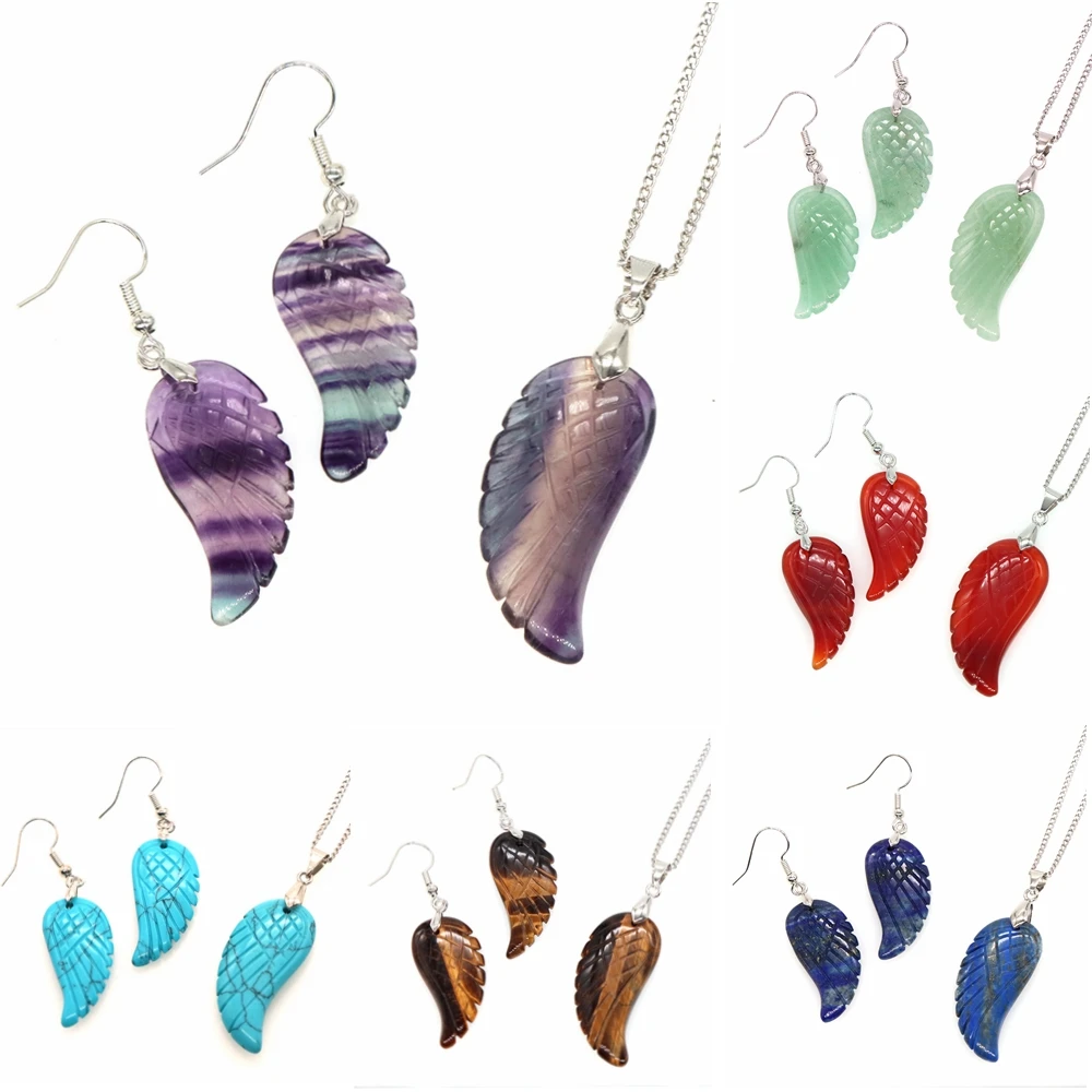 Angel Wing Earrings Feather Pendant Natural Healing Crystal Reiki Stones Energy Gems Fashion Charm Jewelry for Women Accessories