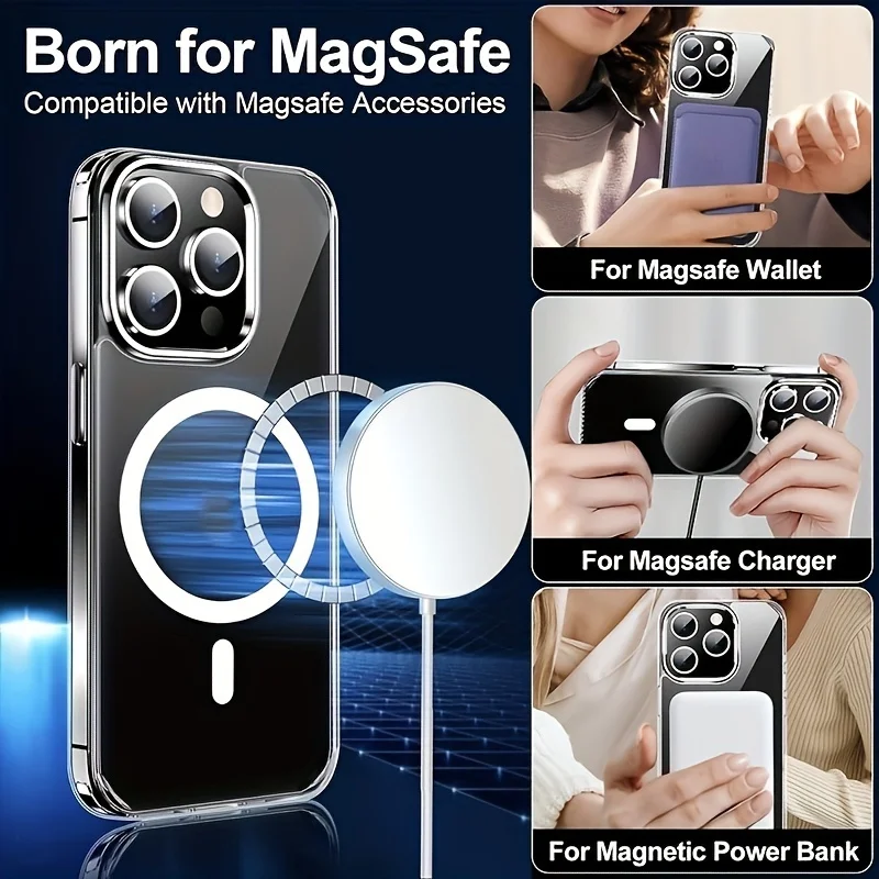 Clear Phone Case with Screen Protector for Magnetic Wireless Charge iPhone 16 15 Pro Max 14 Plus 13 12 Mini 11 Slim Back Cover