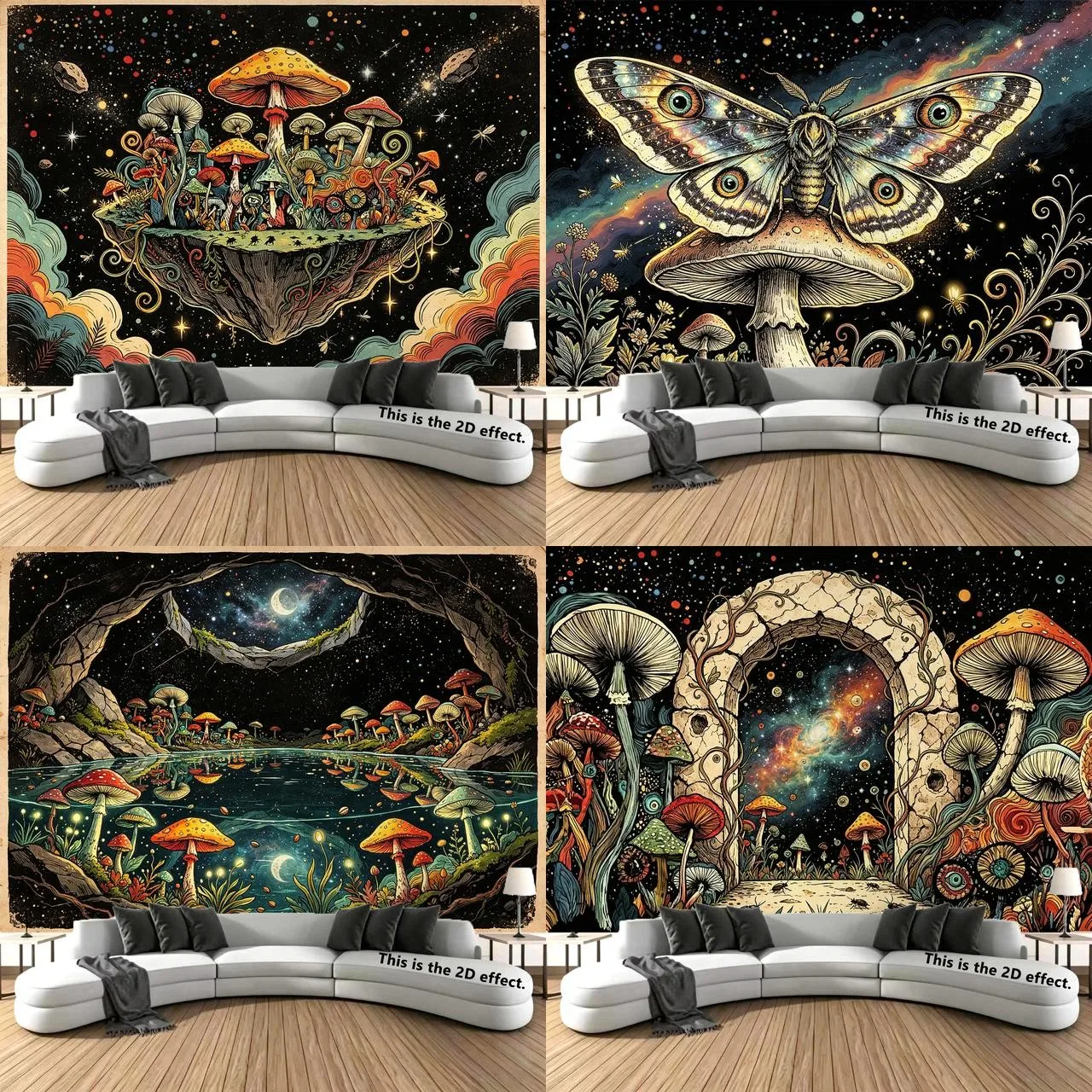 Psychedelic Mushroom Moth Galaxy Background Tapestry For Bedroom, Bedside Decoration, And Dormitory Use