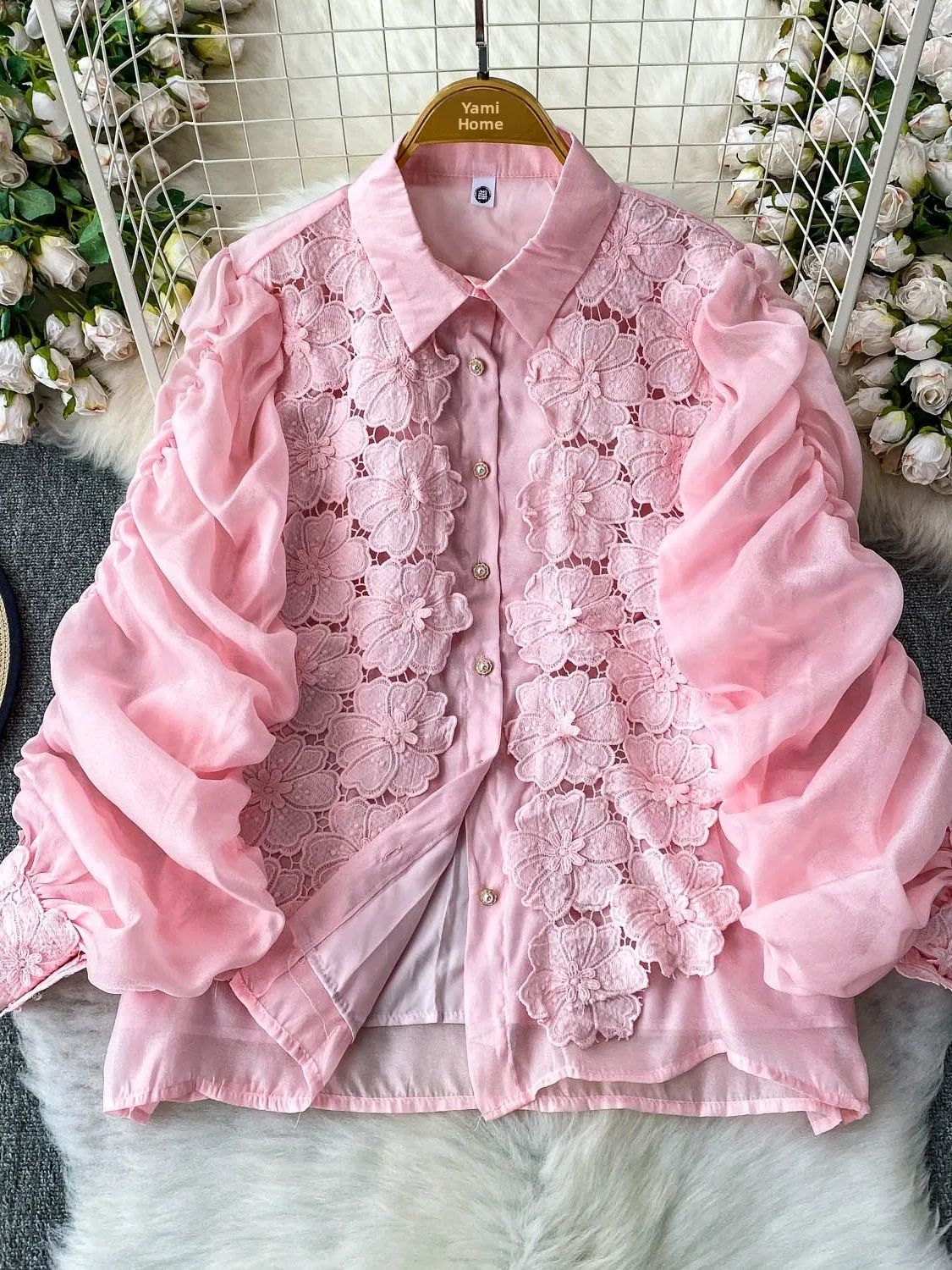 

Ele кружевная шифоновая блузка женская уникальная антивозрастная красивая плиссированная блузка-фонарь Све с отложным воротником High-End Feeling