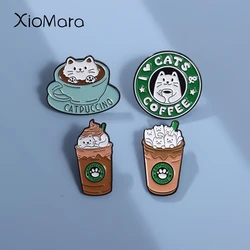 Cartoon Cat Milk Tea Cup Enamel Pins Custom Cute Kitten Decorative Brooches I Love Cats Pins Lapel Shirt Badge Jewelry Accessory