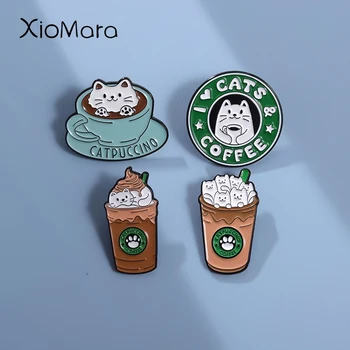 만화 고양이 우유 차 컵 에나멜 핀, 커스텀 귀여운 새끼 고양이 장식 브로치, I Love Cats 핀, 라펠 셔츠 배지 쥬얼리 액세서리