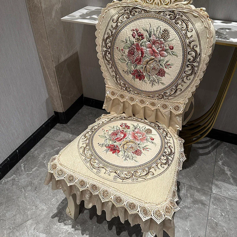 New European Style Chenille Dining Chair Cushion Ruffle All-Season Ventilate Seat Cover Living Room Cushion Non-Slip Detachable